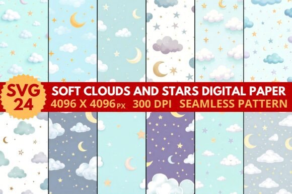 Download Soft Clouds and Stars Digital Paper - Digital paper Collection