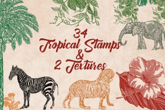 Download 34 Tropical Stamps &amp; 2 Rustic Textures - Stamp Collection
