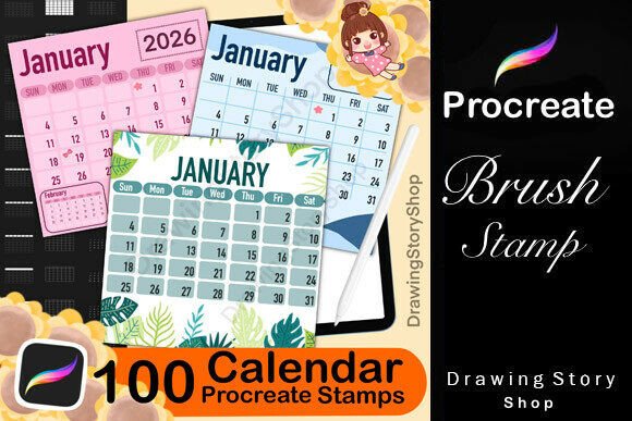 Download 100 Procreate Calendar Stamp Brush Set - Stamp Collection