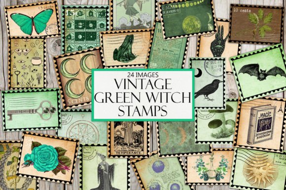 Download Vintage Green Witch Stamps - Stamp Collection