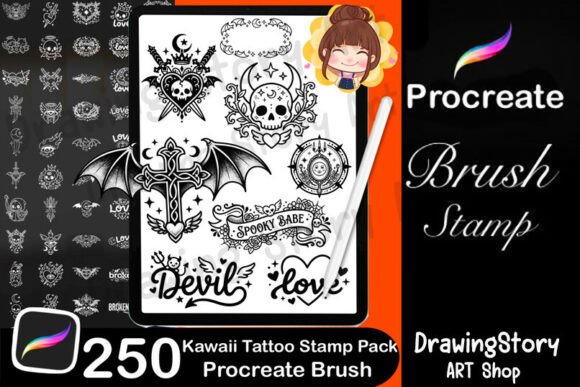Download 250 Kawaii Tattoo Stamps for Procreate - Stamp Collection